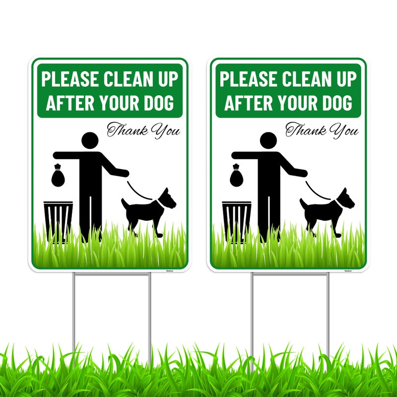 Venicor 2PC Clean Up After Your Dog Sign with Stakes, 9 Inches by 12 Inches - Corrugated Plastic - Please Pick Up Your Dog Poop Yard Grass Lawn Sign - Image 1